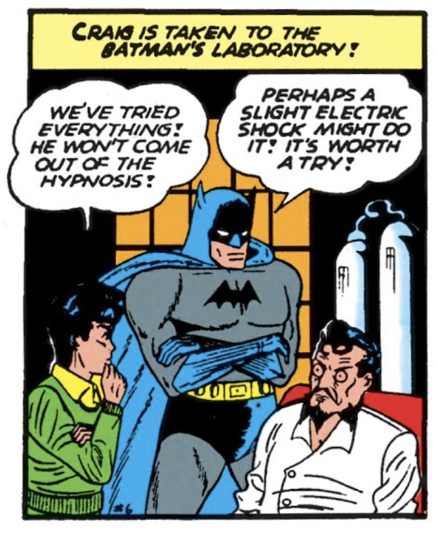 Batman shocks a hypnotized man